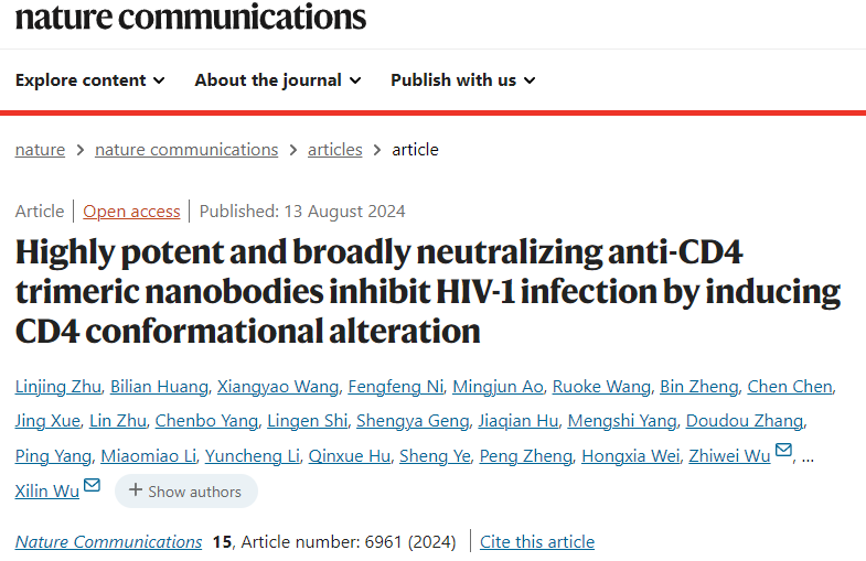 相關(guān)結(jié)果以題為“Highly potent and broadly neutralizing anti-CD4 trimeric nanobodies inhibit HIV-1 infection by inducing CD4 conformational alteration“在線發(fā)表在Nature Communications。