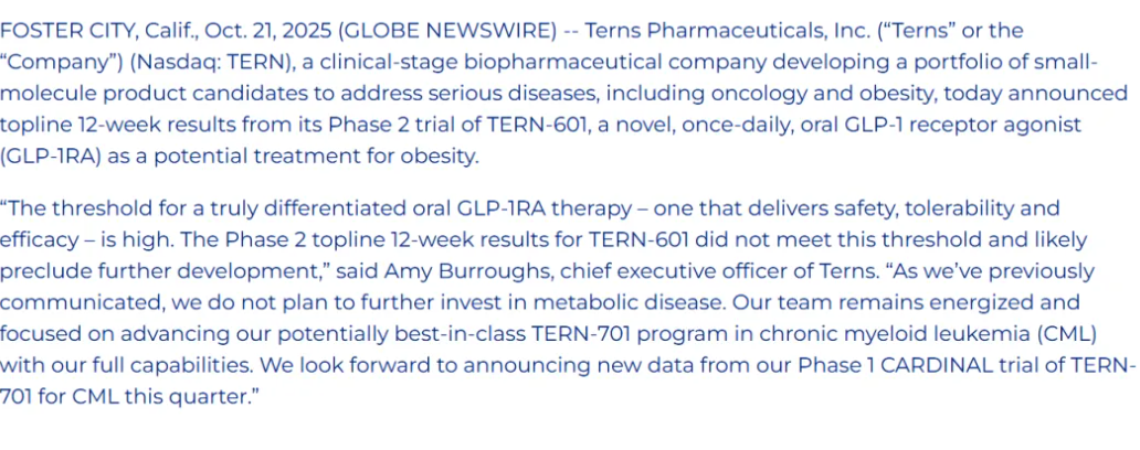 公司對于TERN-601的療效/安全性未達(dá)到“真正差異化口服GLP-1”的門檻的解釋