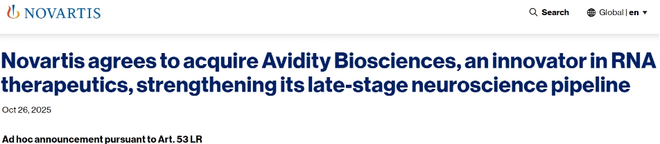 諾華以120億美元收購Avidity官宣 諾華以120億美元收購Avidity官宣
