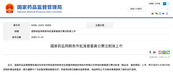 重慶精準生物的普基奧侖賽注射液通過優(yōu)先審評審批程序獲得附條件批準上市