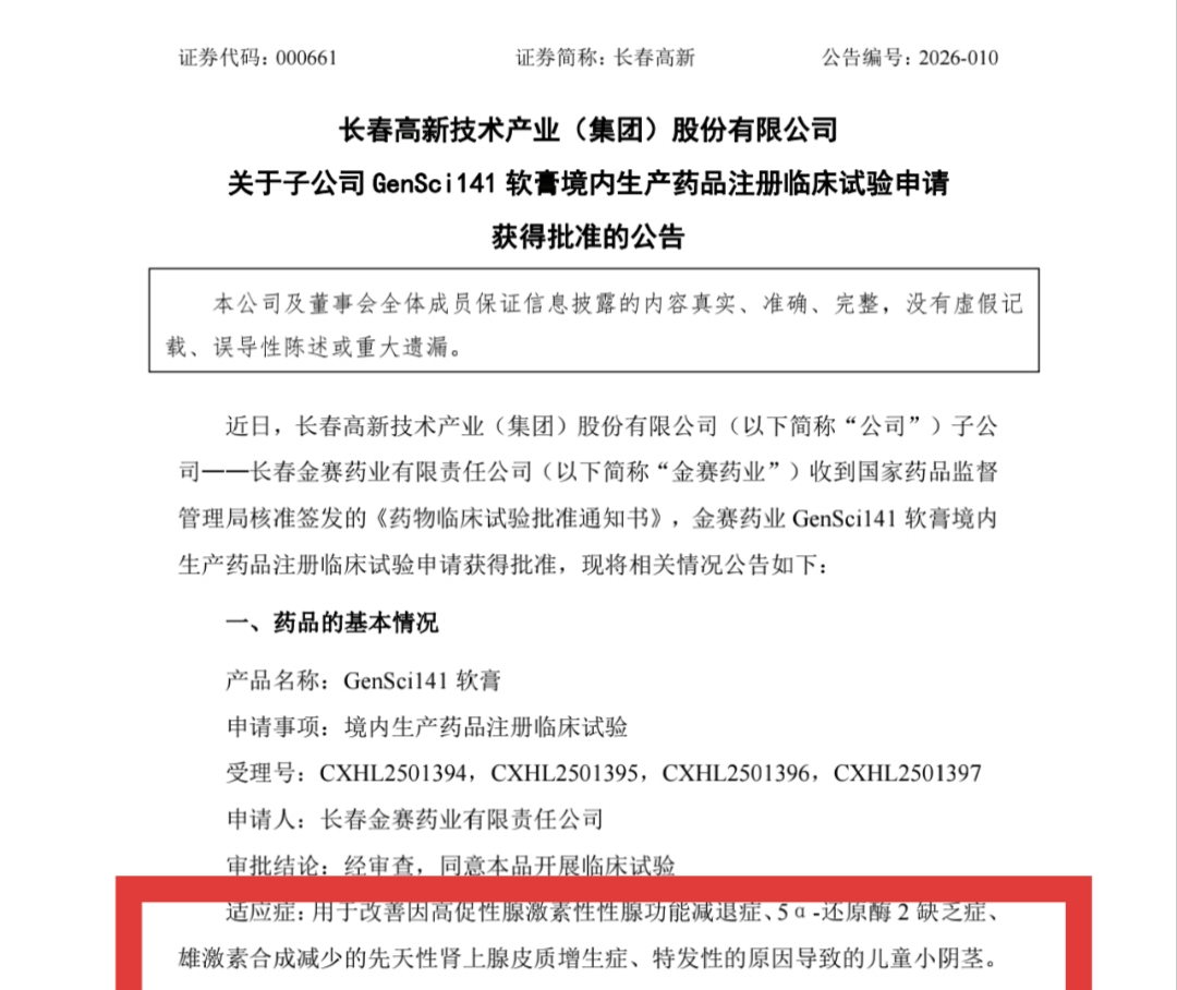 长春高新技术产业(集团)股份有限公司关于子公司 GenSci141 软膏境内生产药品注册临床试验申请获得批准的公告